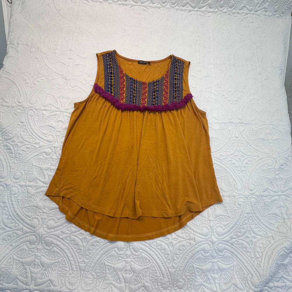 Hannah Mustard Yellow Embroidered Sleeveless Top XL Boho‎ Fringe High Low Hem